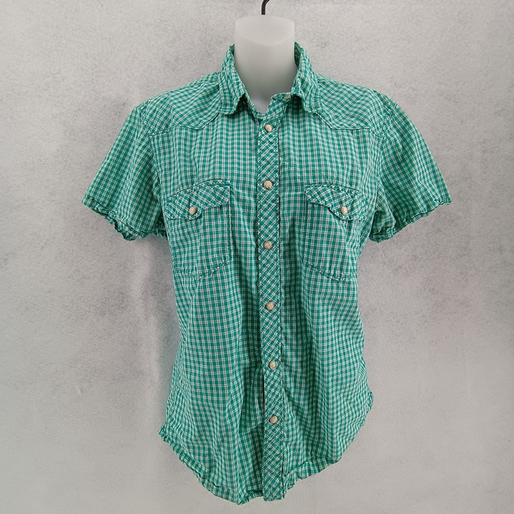 HM LOGG Mens Medium Green White Checkered Short Sleeve Western Snap Button Shirt